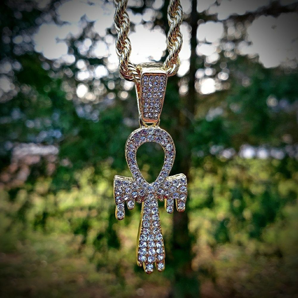 14k GP Iced Out Ankh Drip 24" Necklace